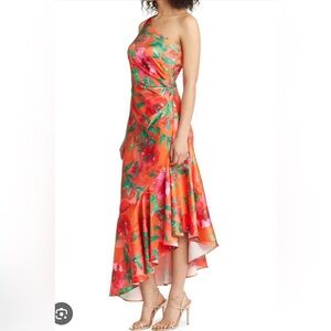 Eliza J Floral One-Shoulder Sleeveless Asymmetrical Ruffle Hem Dress - Coral NWT